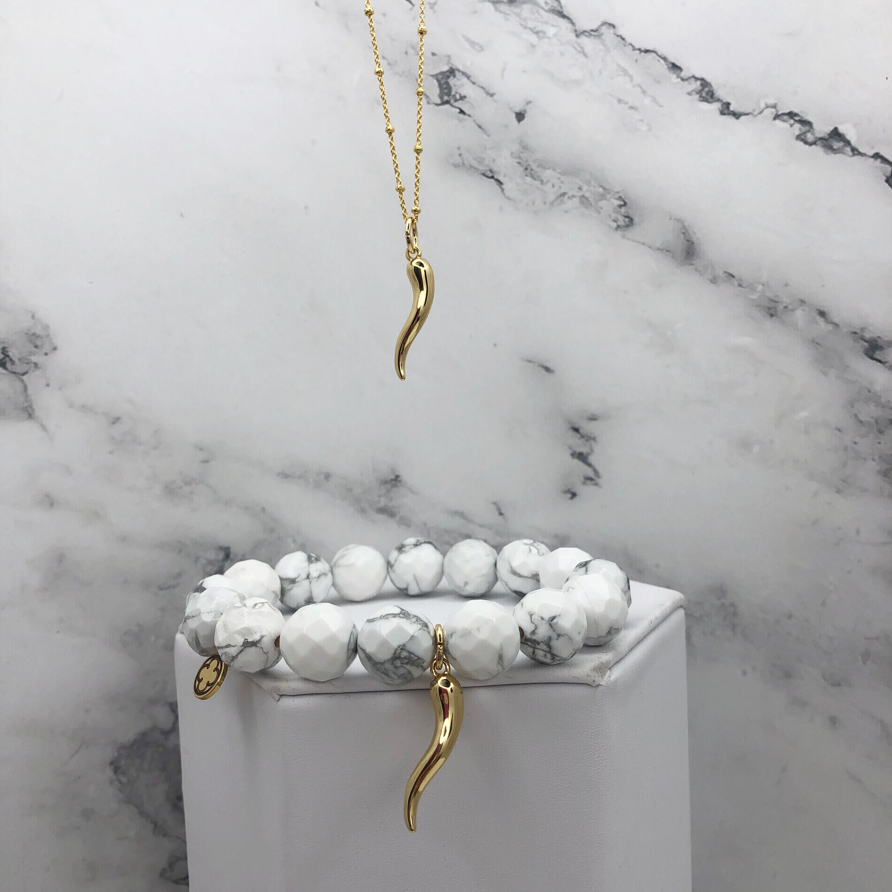 White Howlite with Gold Horn Cornicello Pendant