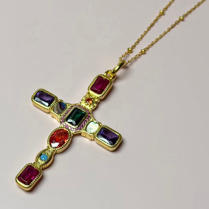 Rainbow Pavé Cross Necklace