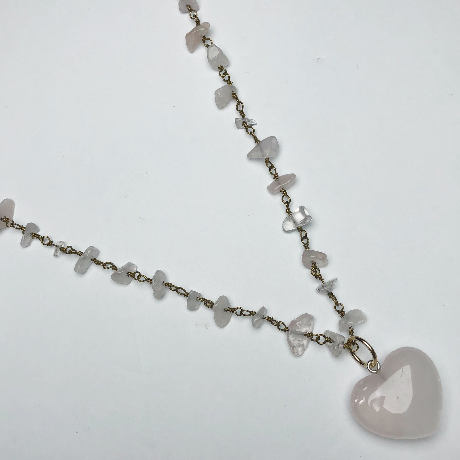 Rose Quartz Chips Necklace with Rose Quartz Heart Pendant