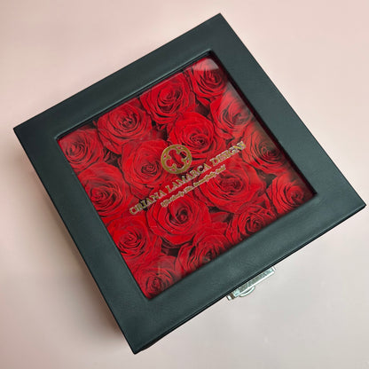 Forever Red Roses with Black Leather Jewelry Case Flower Box