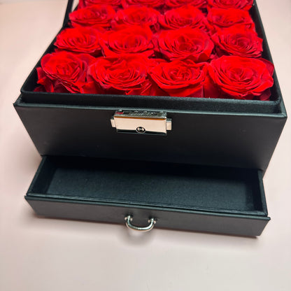 Forever Red Roses with Black Leather Jewelry Case Flower Box