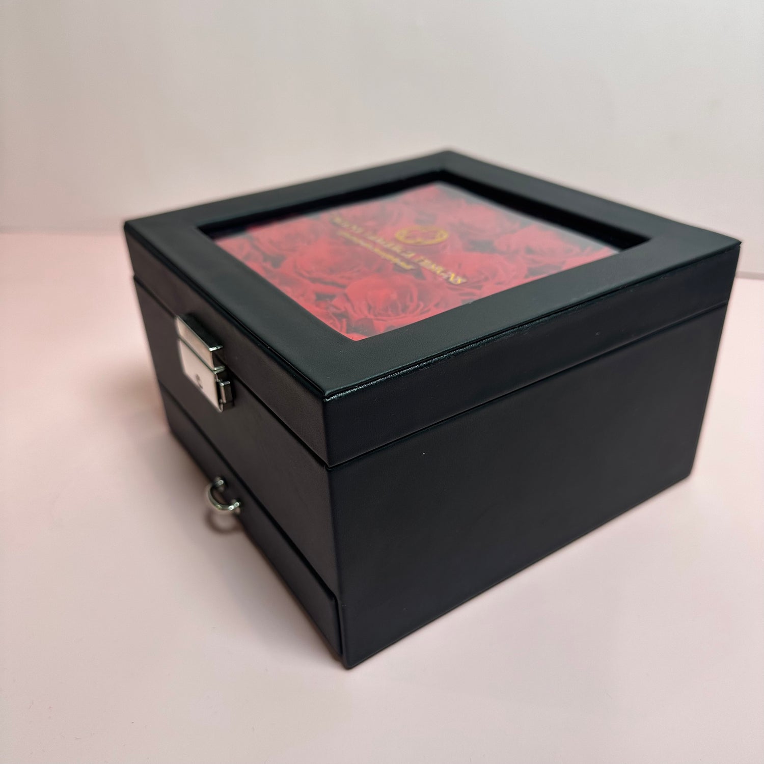 Forever Red Roses with Black Leather Jewelry Case Flower Box