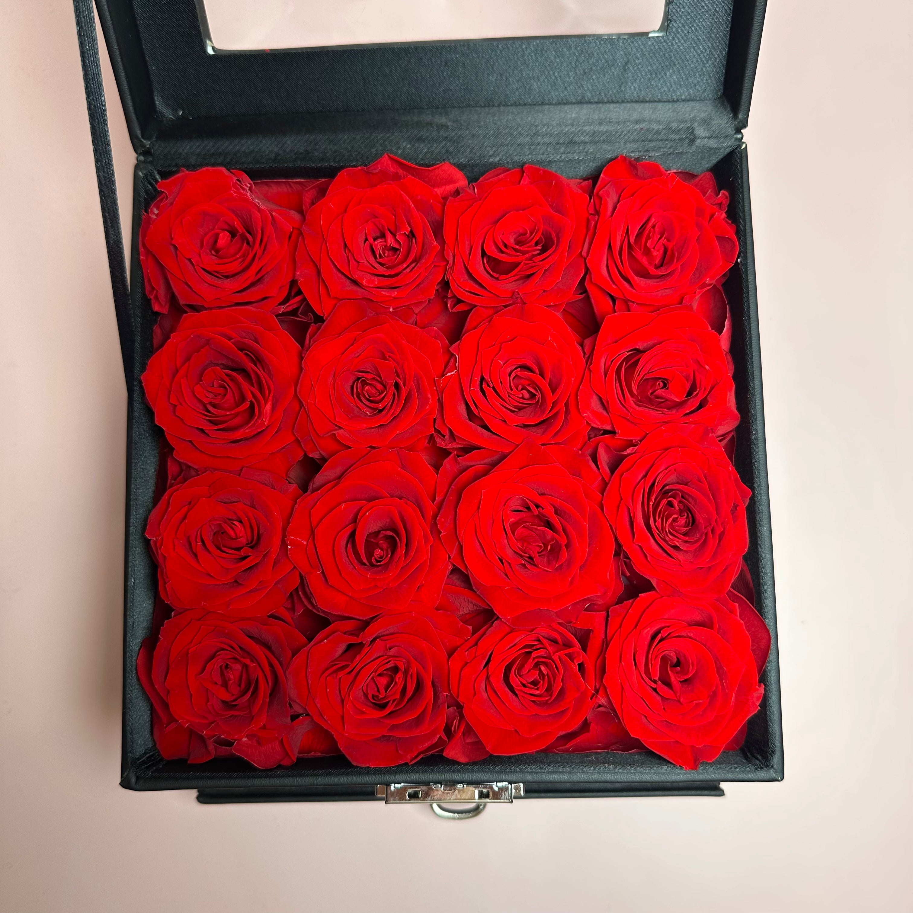 Forever Red Roses with Black Leather Jewelry Case Flower Box