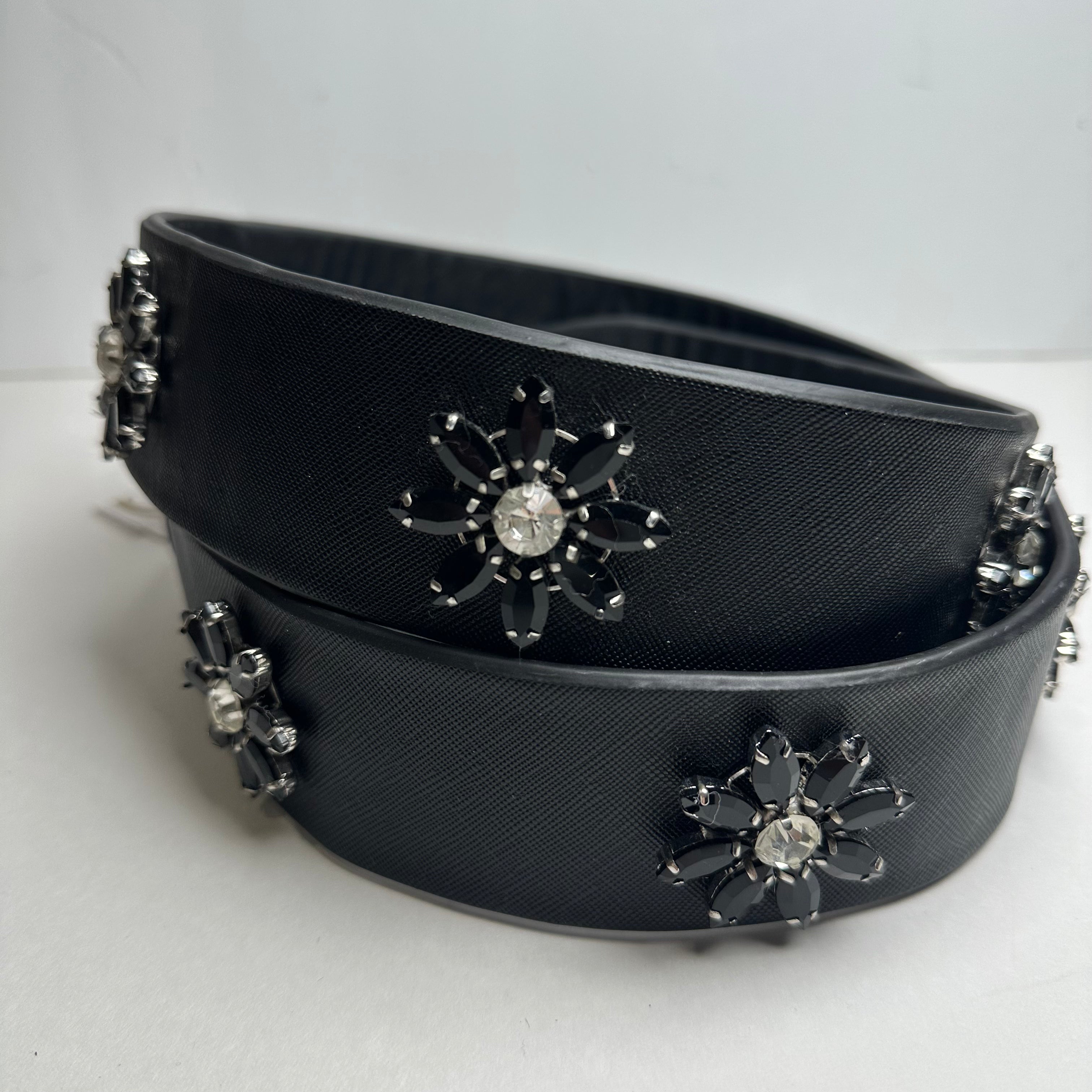 Black Crystal Flower Leather Bag Strap