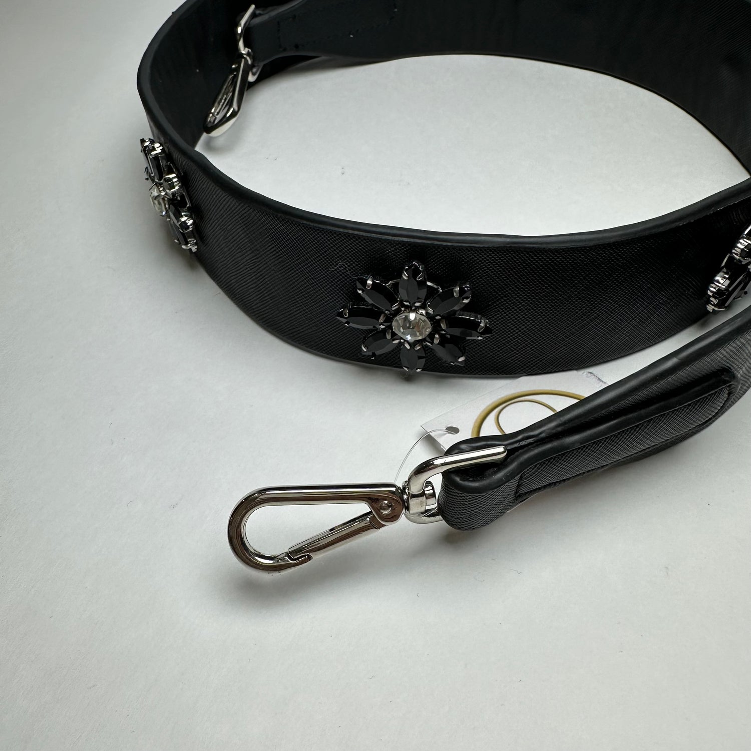 Black Crystal Flower Leather Bag Strap