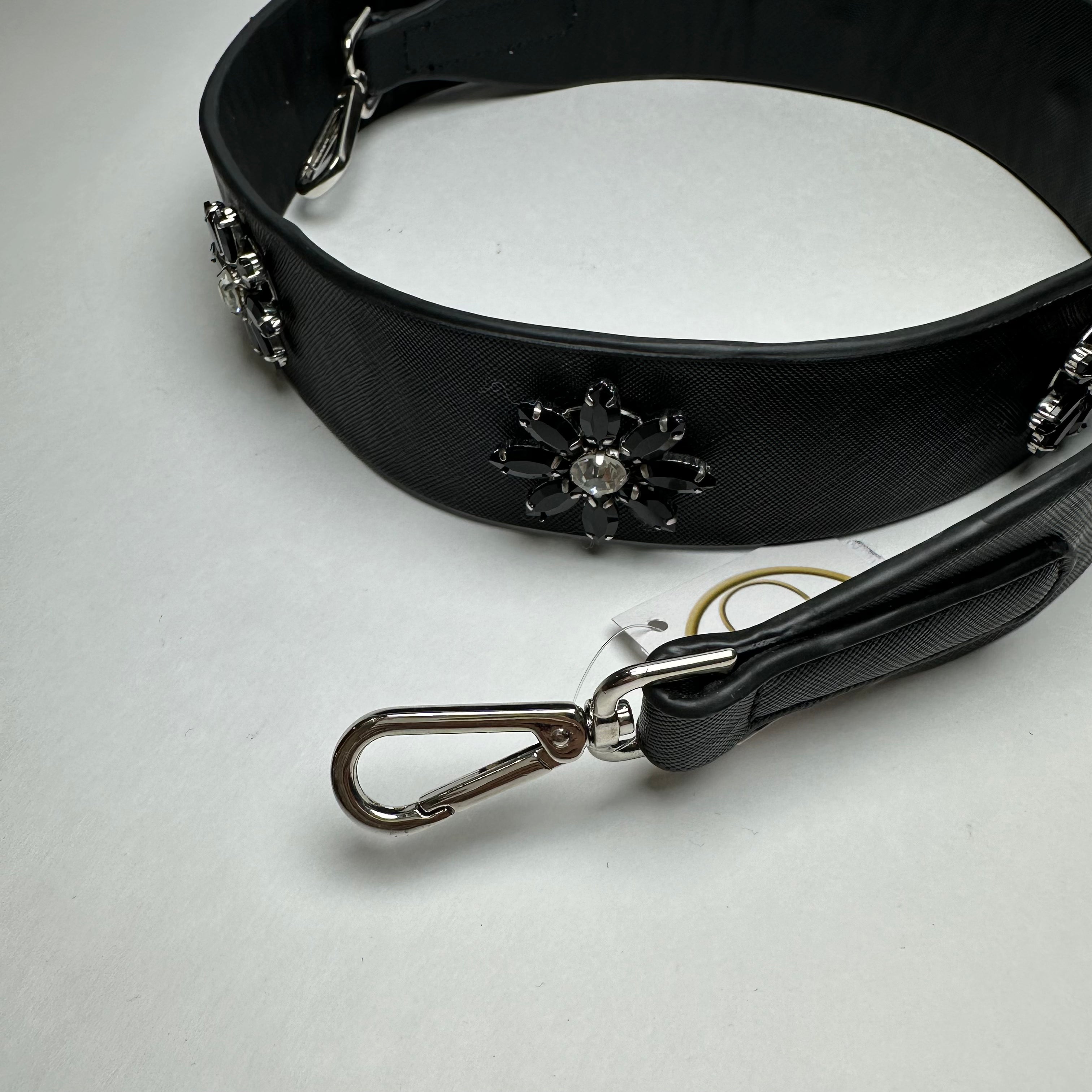 Black Crystal Flower Leather Bag Strap