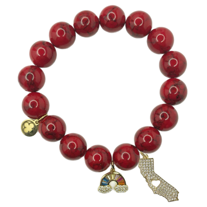 &quot;Hope For LA&quot; Red Howlite with Pavé Rainbow &amp; California State Pendant