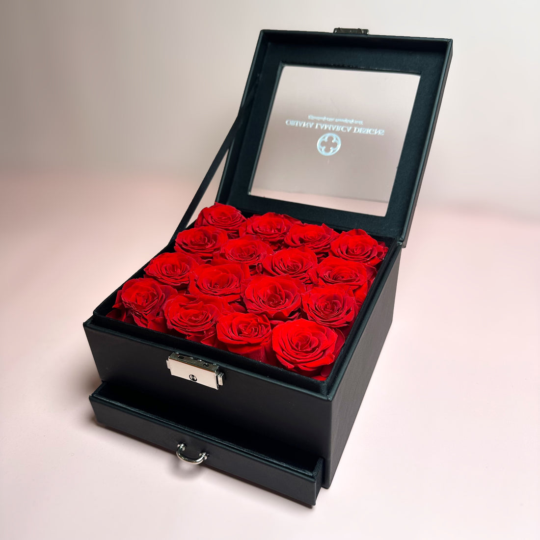 Forever Red Roses with Black Leather Jewelry Case Flower Box