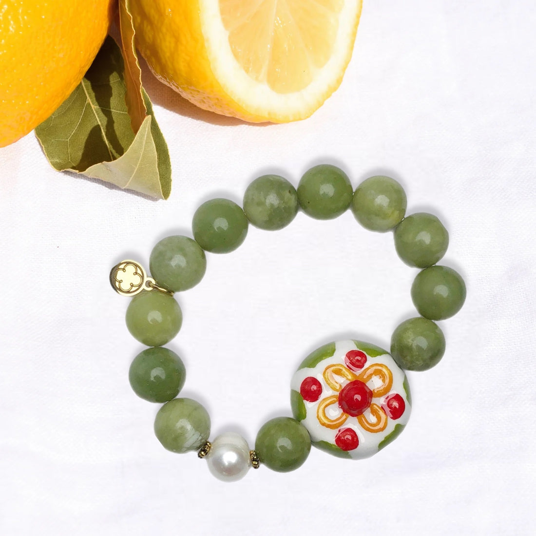 Green Garnet with Handpainted Ceramic &quot;Cassata Siciliana&quot;