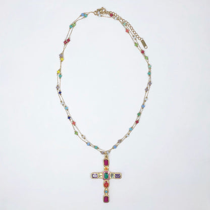Rainbow Pavé Cross with Rainbow Chain Necklace