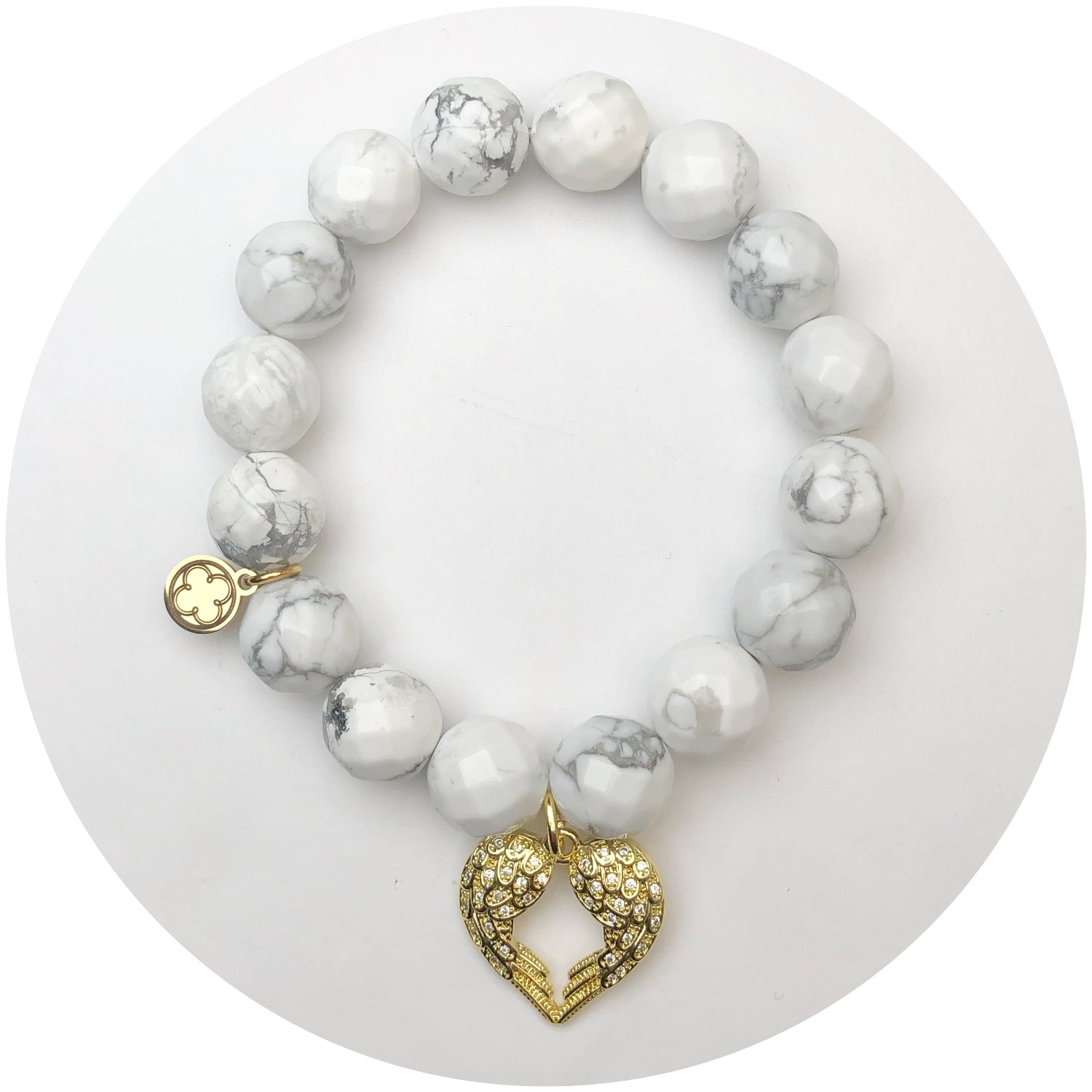 White Howlite with Pavé Heart Angel Wings