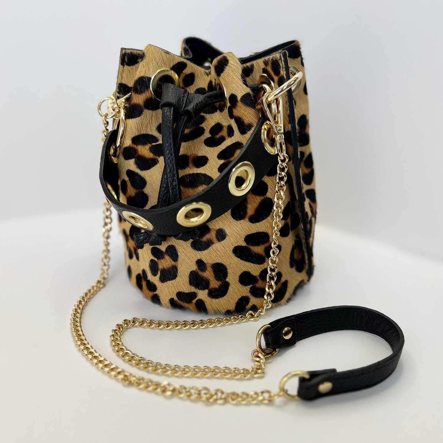 Gabriella Leopard Pony Hair Bucket Bag