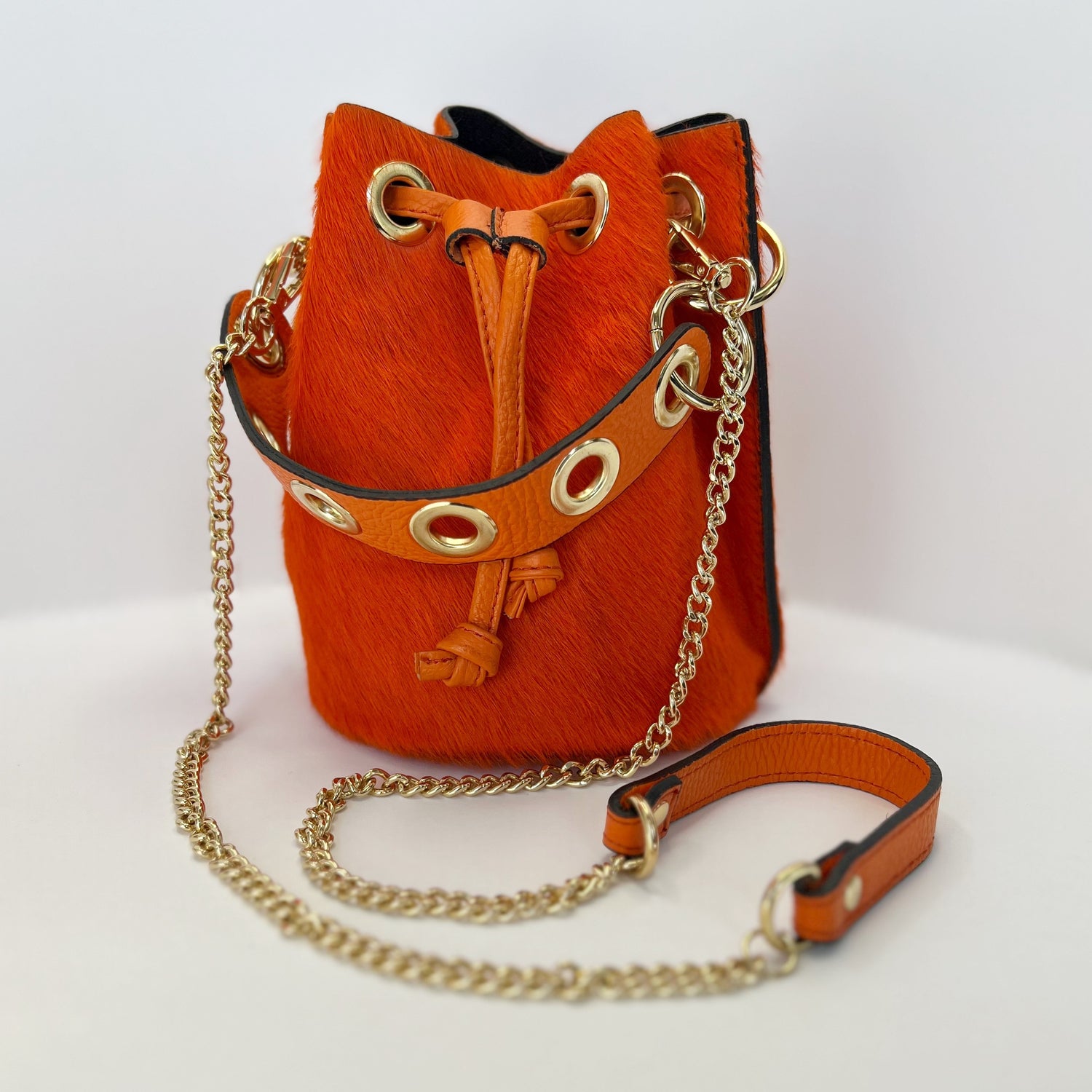 Gabriella Orange Pony Hair Bucket Bag