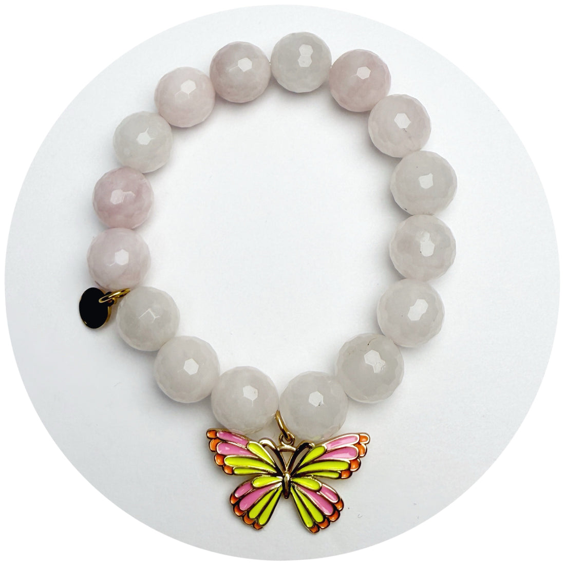 Rose Quartz &quot;Lana Bracelet&quot; with Pink/Yellow Camellia Butterfly Pendant