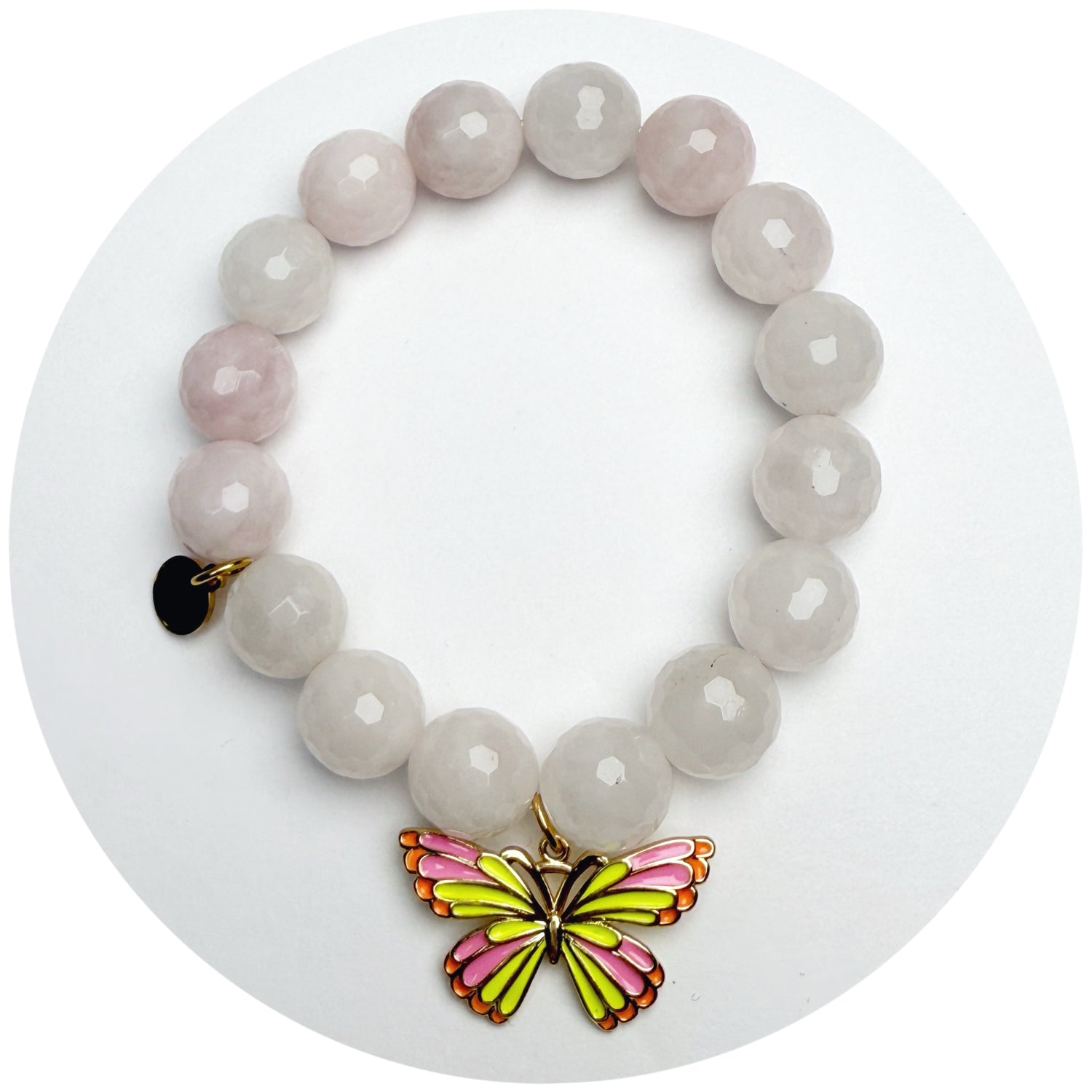 Rose Quartz &quot;Lana Bracelet&quot; with Pink/Yellow Camellia Butterfly Pendant