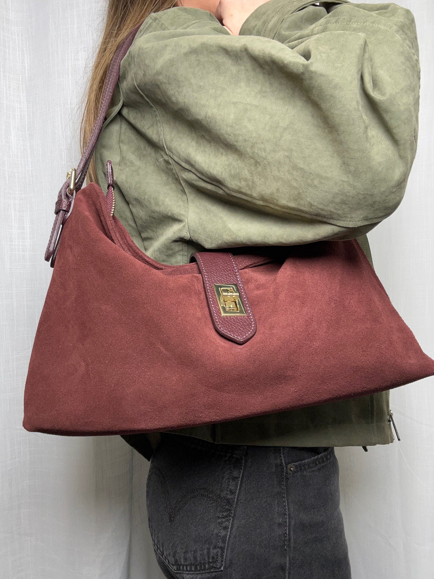 Sarina Marsala Suede Shoulder Bag