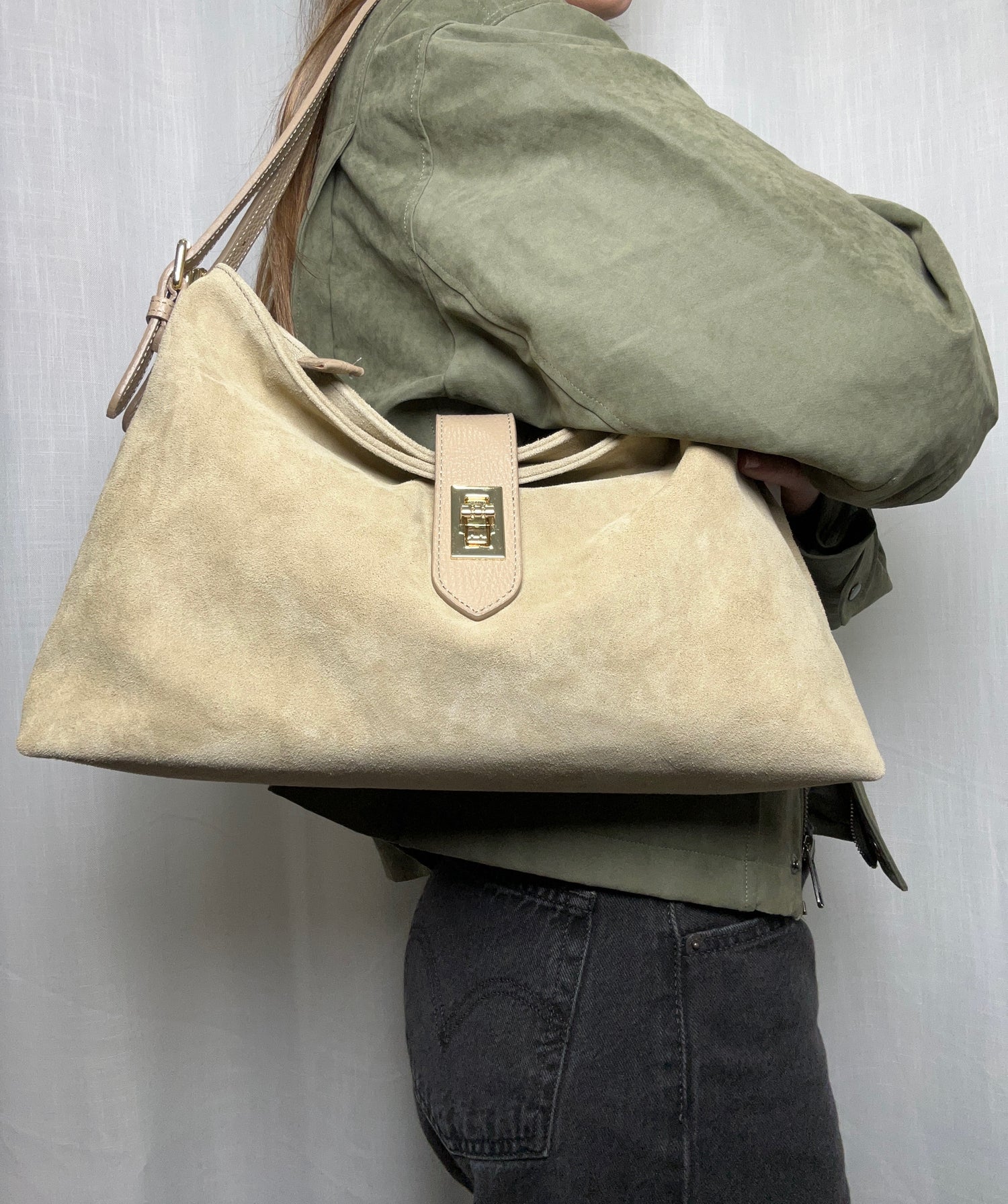 Sarina Taupe Suede Shoulder Bag