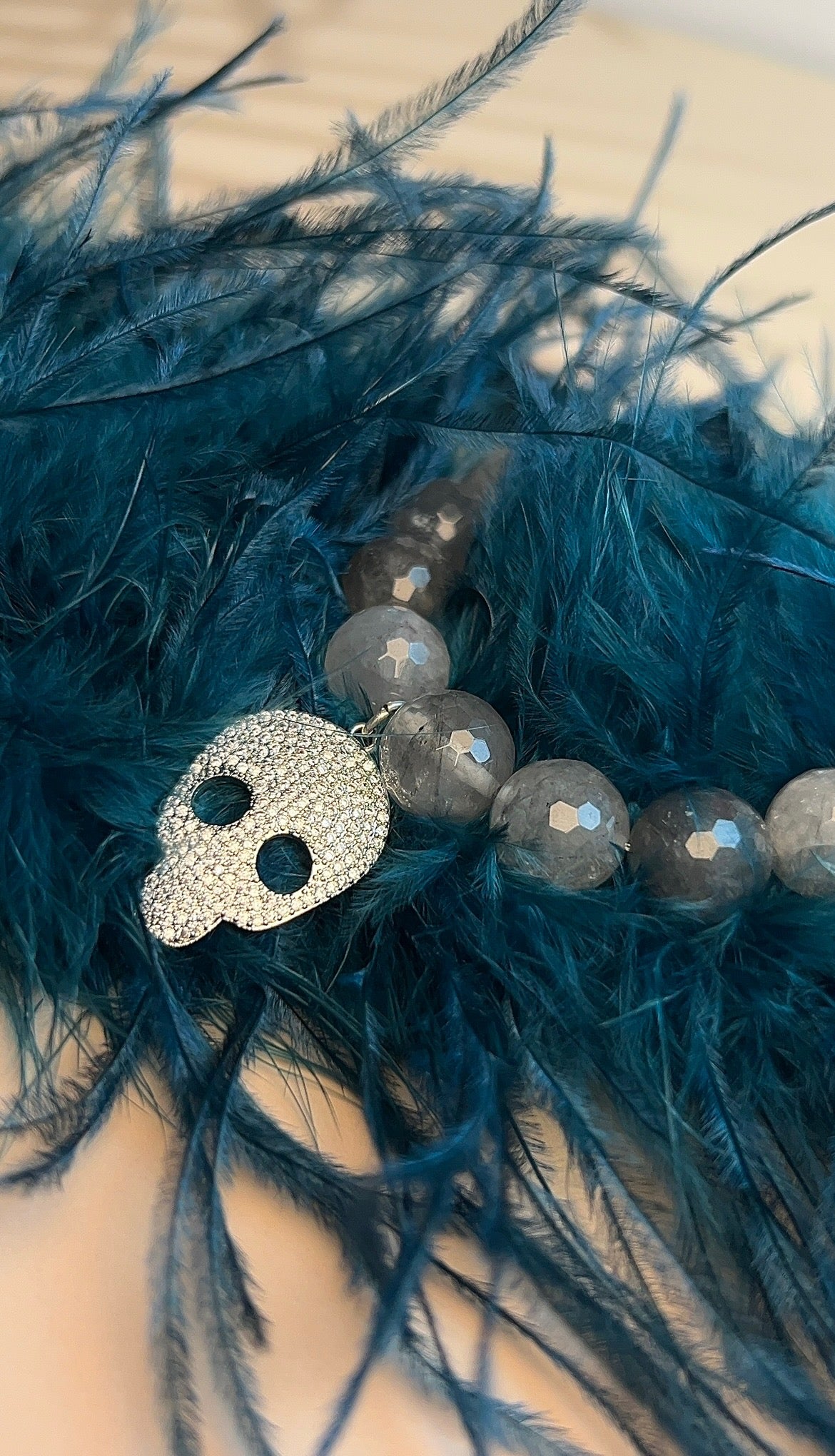 Grey Quartz with Pavé Silver Skull