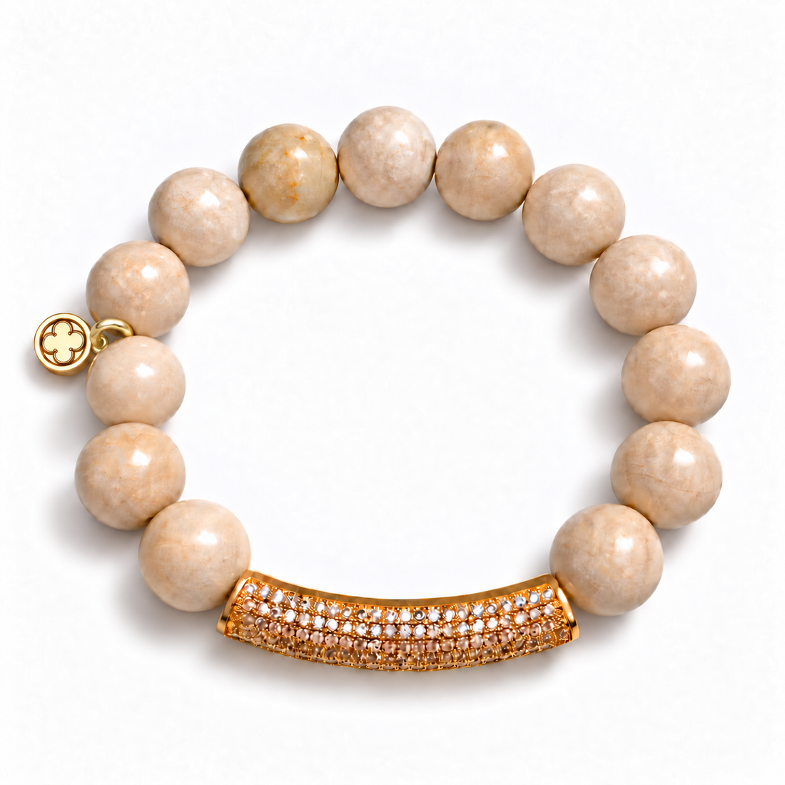 Beige Riverstone with Gold Pavé XL Curved Bar with matching gold signature logo and ring