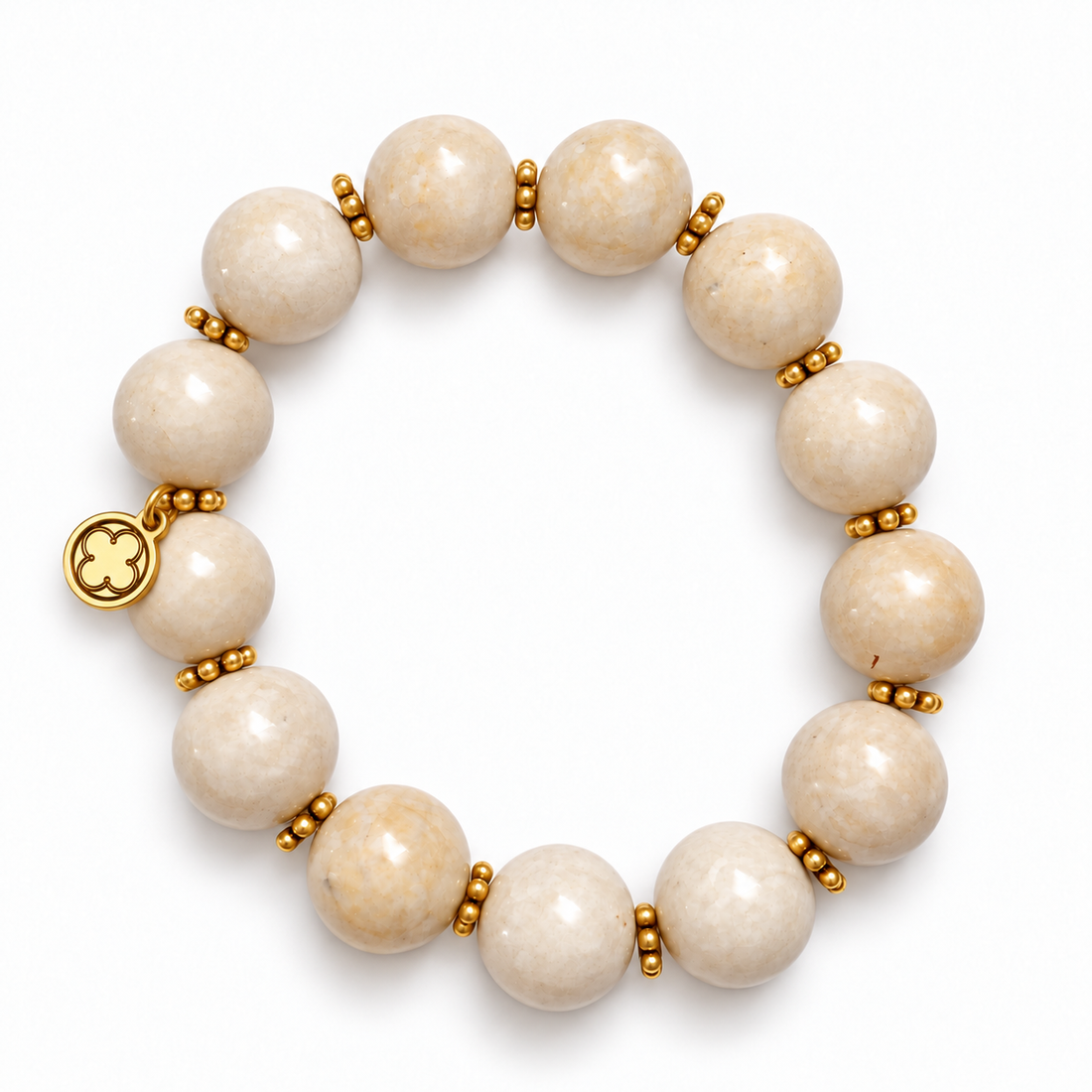 Beige Riverstone with Gold Daisies with gold signature logo tag