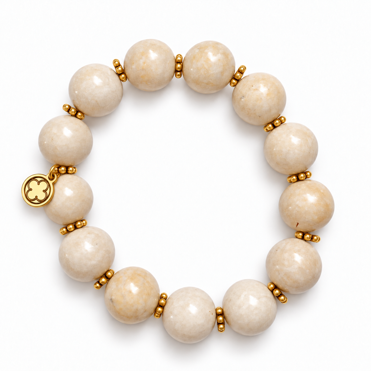 Beige Riverstone with Gold Daisies with gold signature logo tag