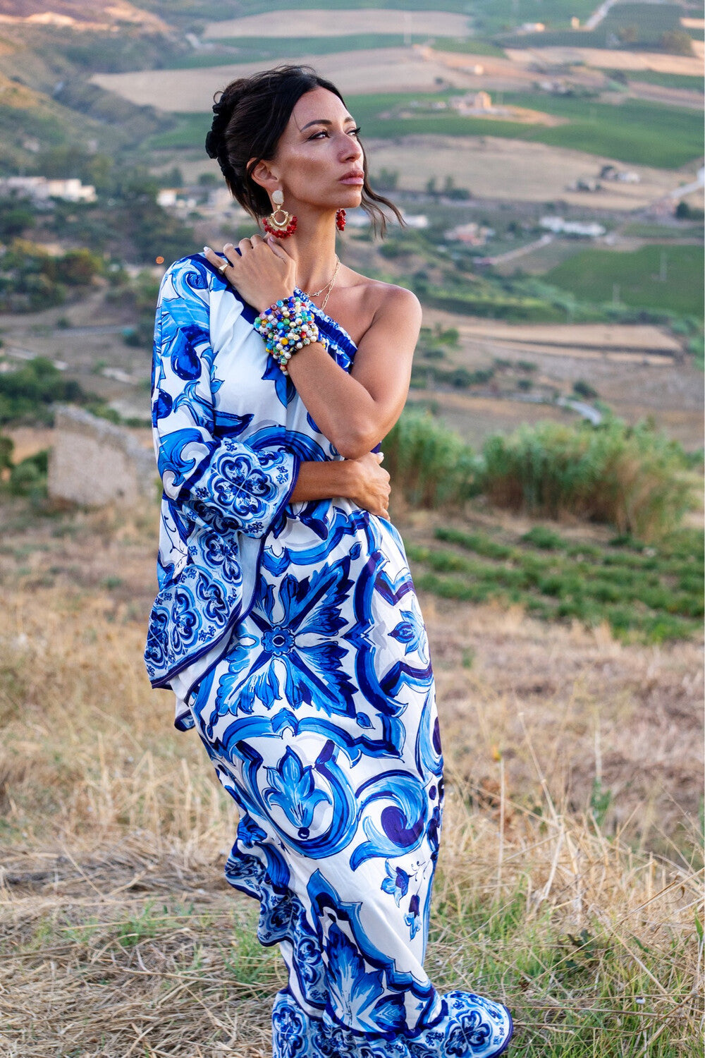 One Shoulder Blue Maiolica Dress by Dolce Vita Chic X Large