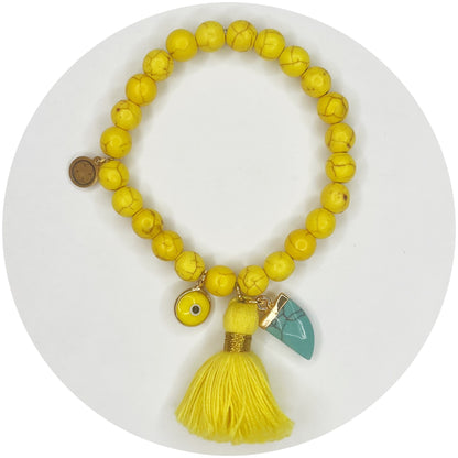 Yellow Howlite with Yellow Tassel and Turquoise Horn Pendant