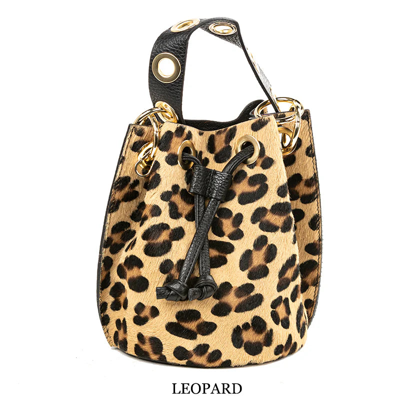 Gabriella Leopard Pony Hair Bucket Bag