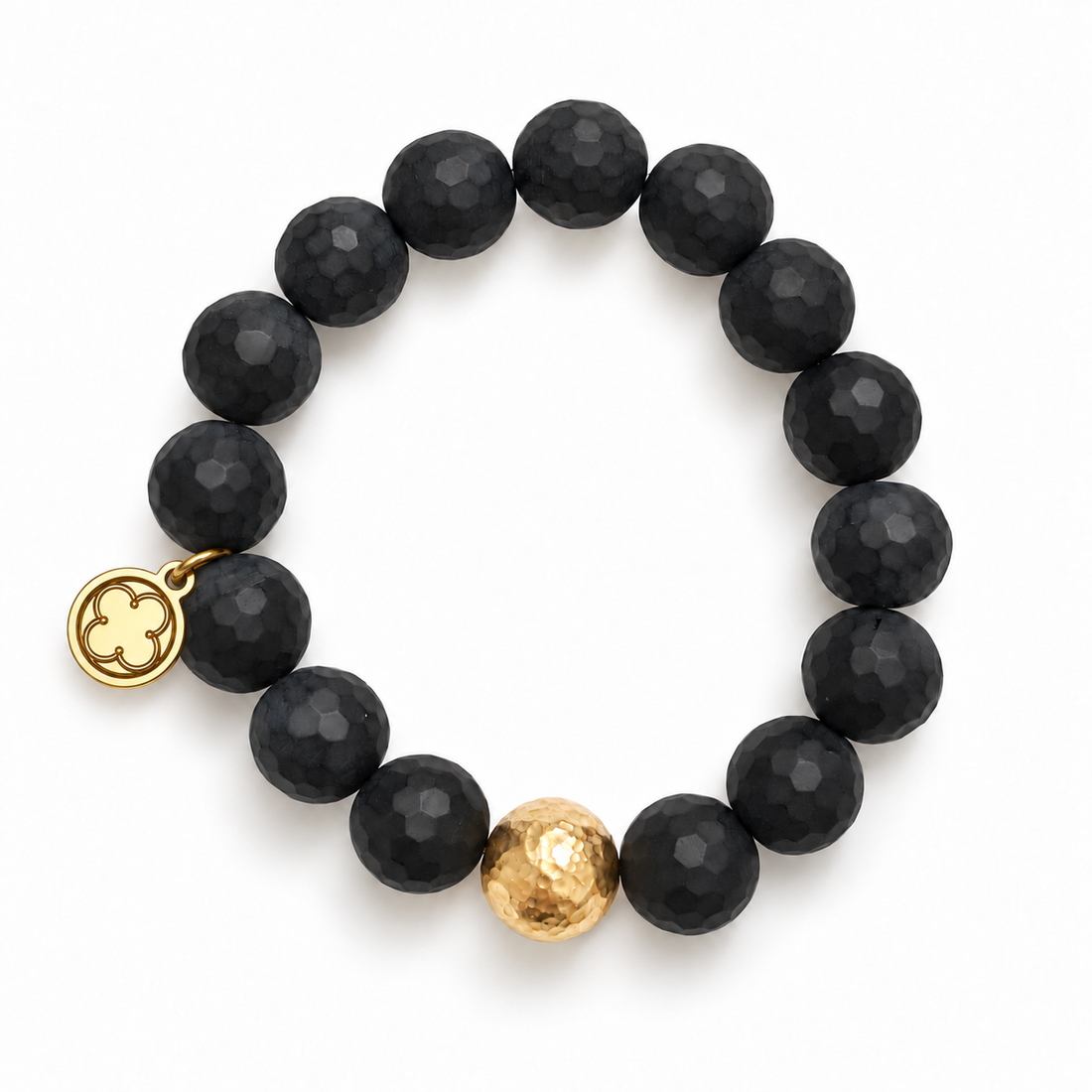 Matte Black Onyx with Hammered Gold Accent with signature logo tag between the third and fourth beads