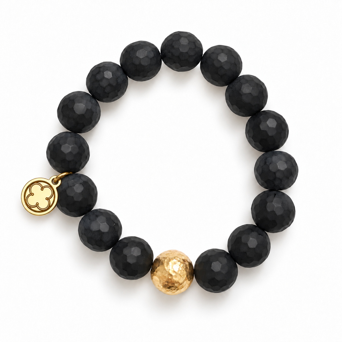 Matte Black Onyx with Hammered Gold Accent with signature logo tag between the third and fourth beads