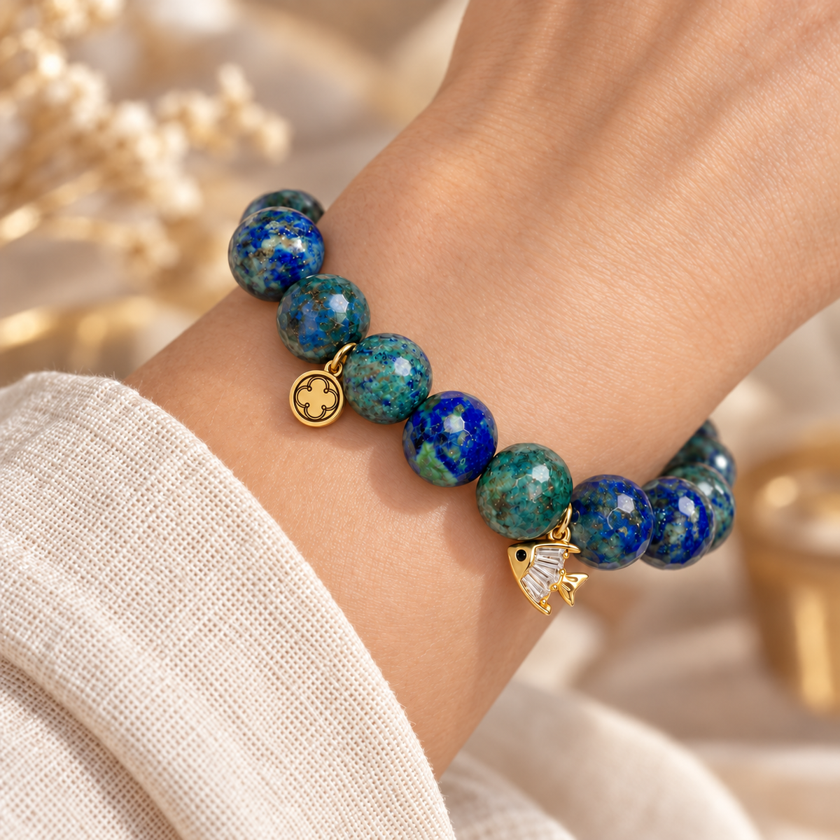 Azurite with Pavé Fish Pendant worn on wrist