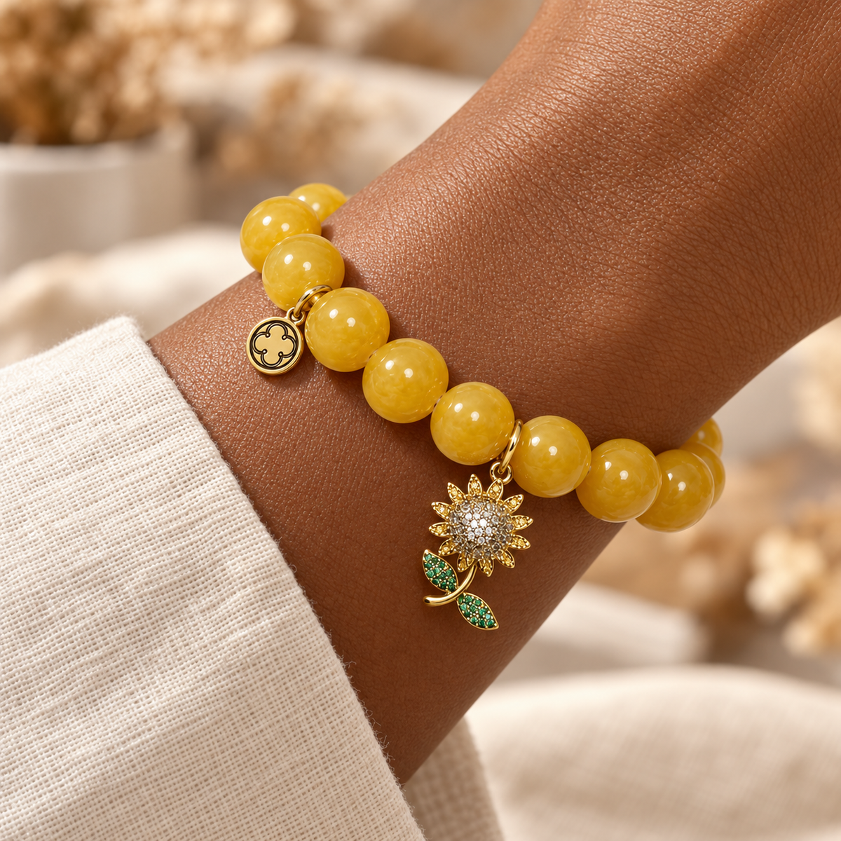 Amber Jade with Pavé Sunflower Pendant worn on wrist