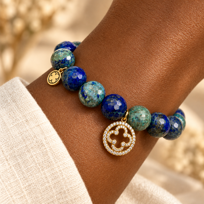 Azurite with Pavé Gold Signature Logo worn on wrist