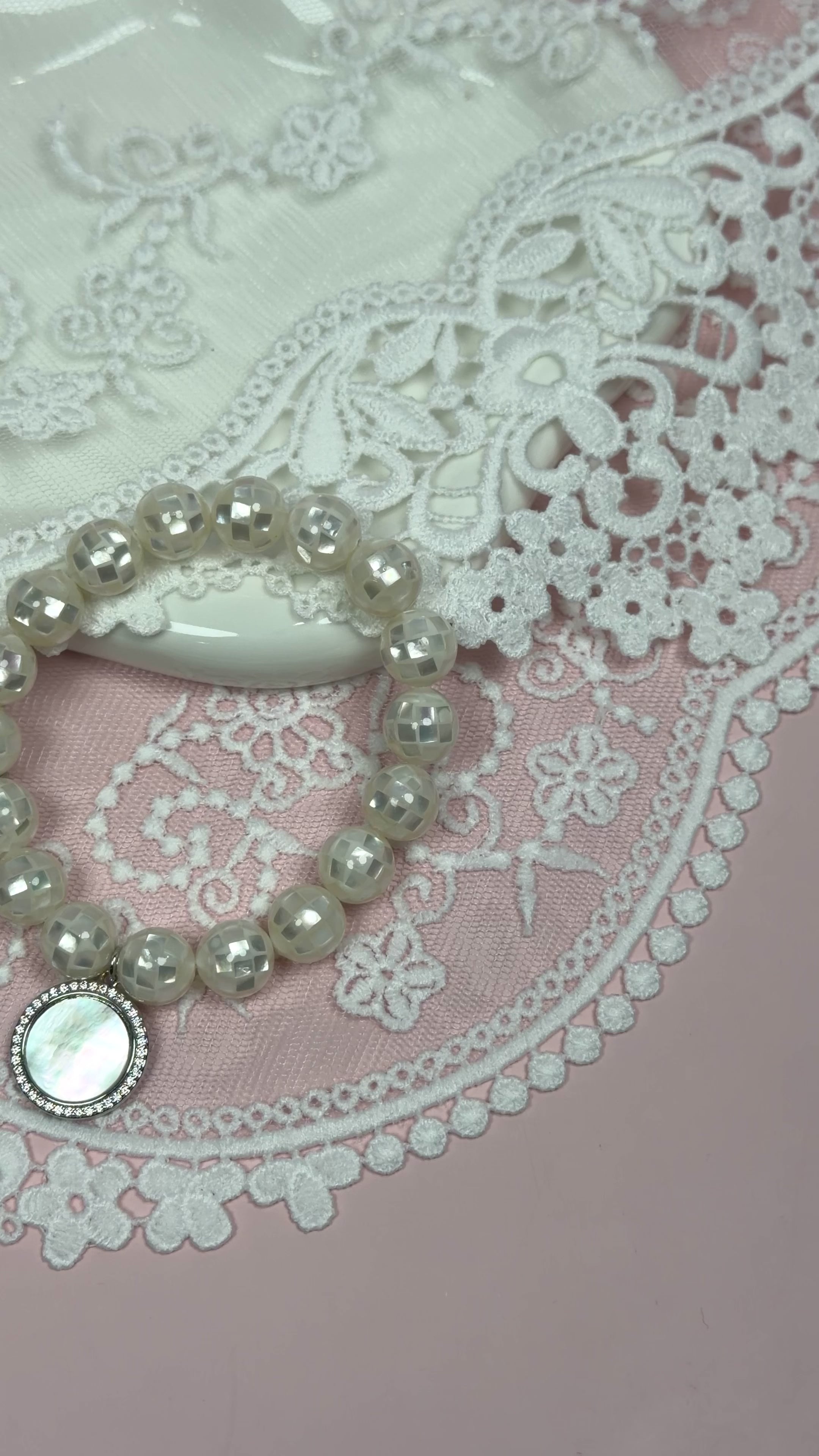 Mosaic Mother of Pearl with Mother of Pearl  Silver Pavé Disc