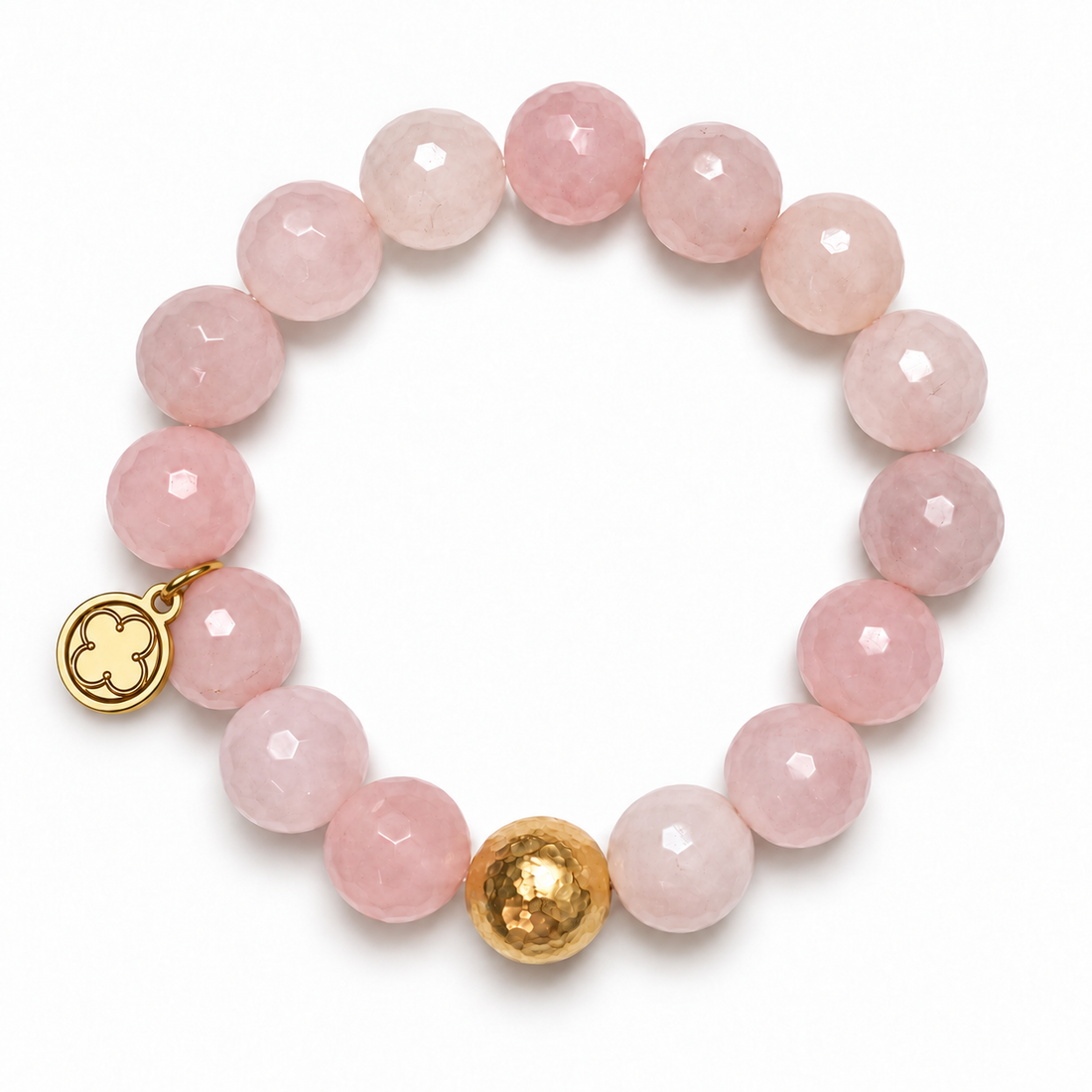 Rose Quartz with Hammered Gold Accent with signature logo tag between the third and fourth beads