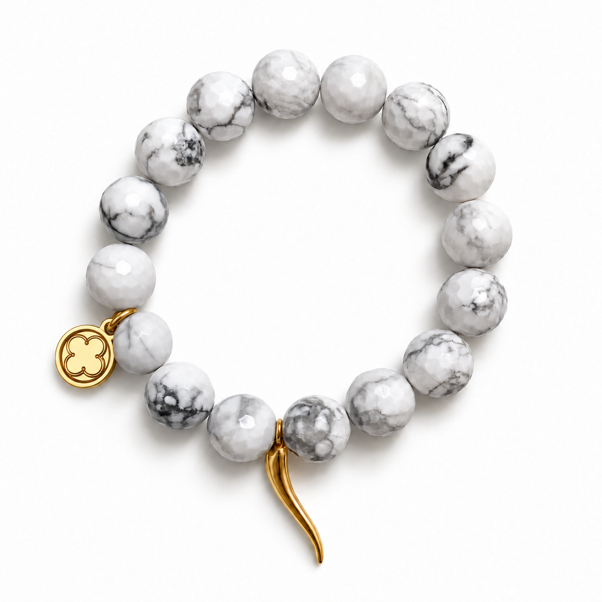 White Howlite with Gold Horn Cornicello Pendant with signature logo tag between the third and fourth beads