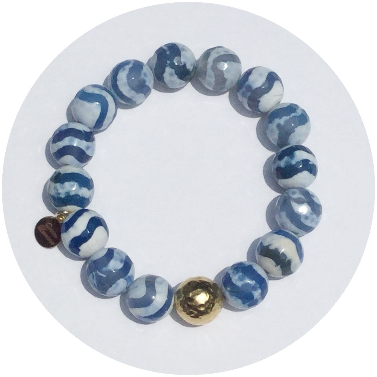 Tibetan Blue Wave Agate with Gold Hammered Accent - Oriana Lamarca LLC