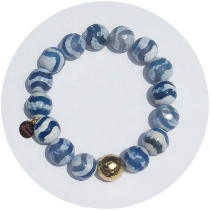 Tibetan Blue Wave Agate with Gold Hammered Accent - Oriana Lamarca LLC