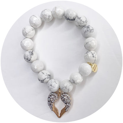 White Howlite with Pavé Heart Angel Wings