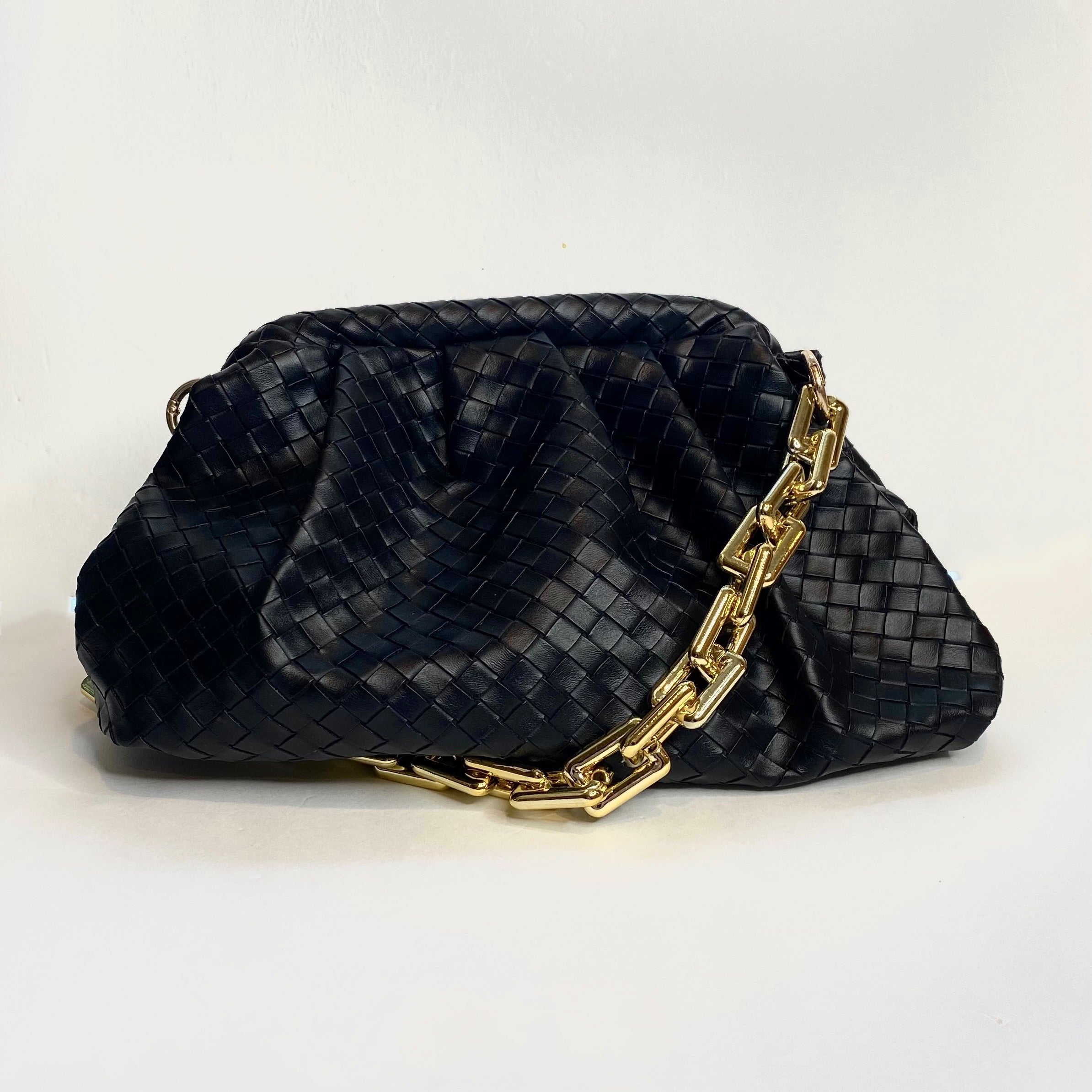Felicia Weave Black Leather Pouch Handbag