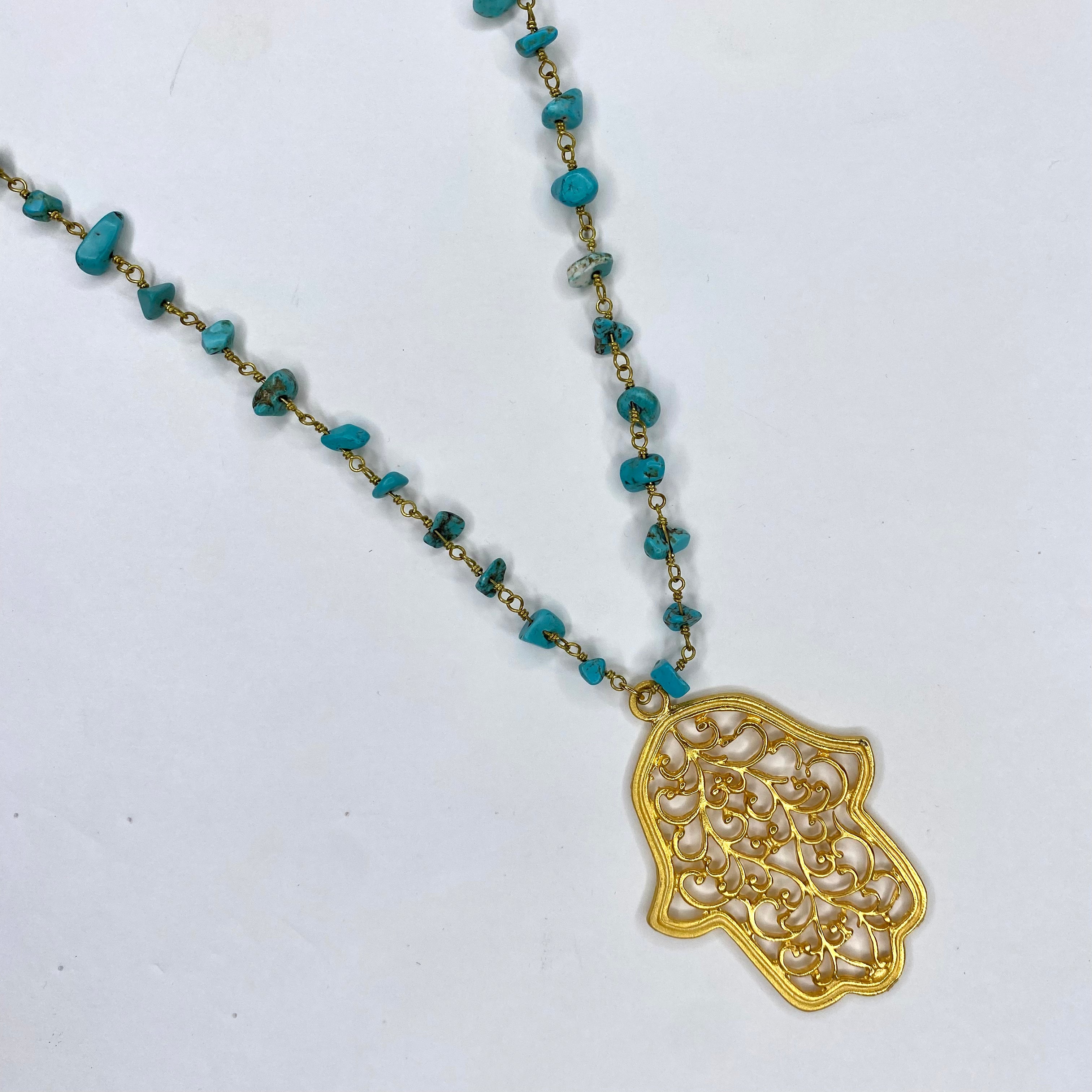 Turquoise Gemstone Chips Chain with Gold Filigree Hamsa Necklace