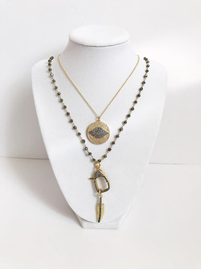 Pyrite Beaded Chain with Pavé Feather Pendant Necklace - Oriana Lamarca LLC