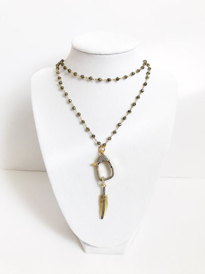 Pyrite Beaded Chain with Pavé Feather Pendant Necklace - Oriana Lamarca LLC