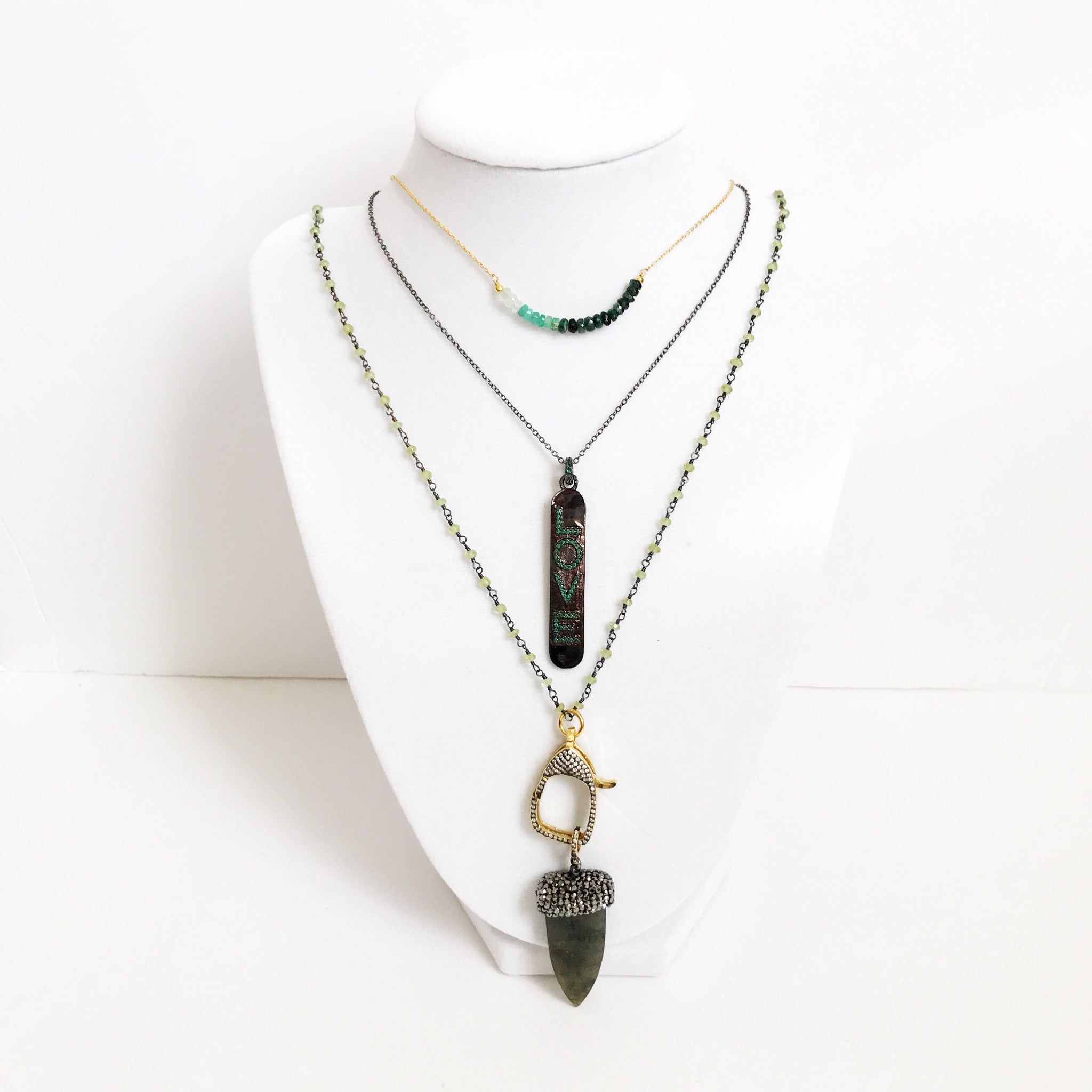 Peridot Beaded Chain with Pavé Labradorite Dagger Pendant Necklace - Oriana Lamarca LLC