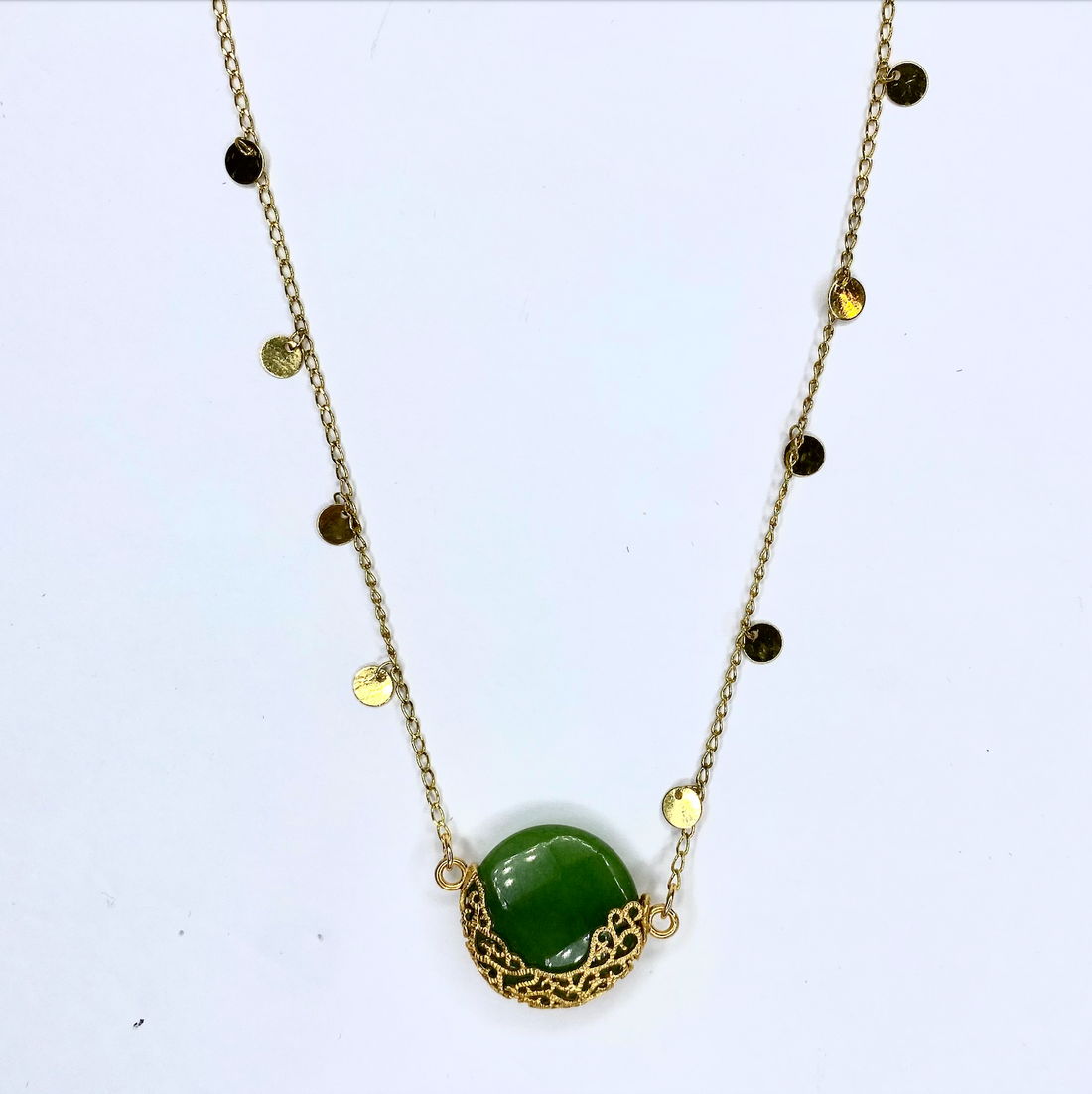 Gold Disc Chain with Gold Filigree and Green Gemstone Accent Necklace