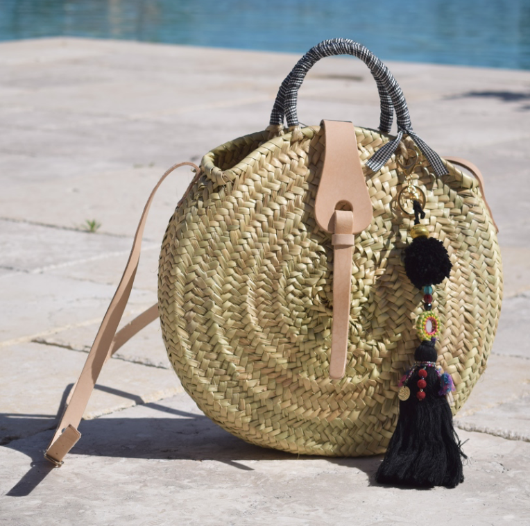 Gingham Round Straw Bag with Leather Crossbody - Oriana Lamarca LLC