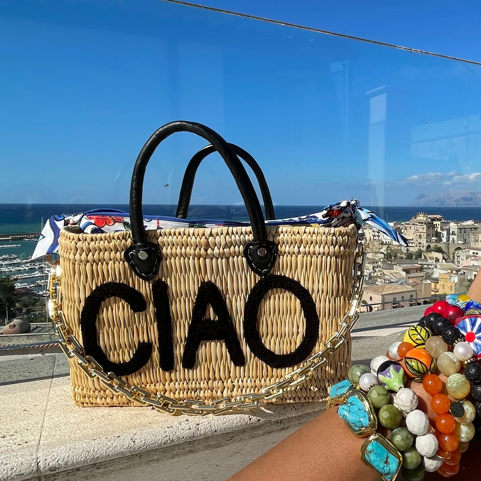 CIAO Black Leather Handle Reed Bag
