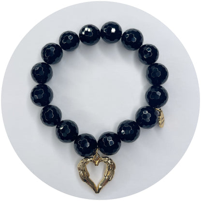 Black Onyx with Gold Heart Angel Wings