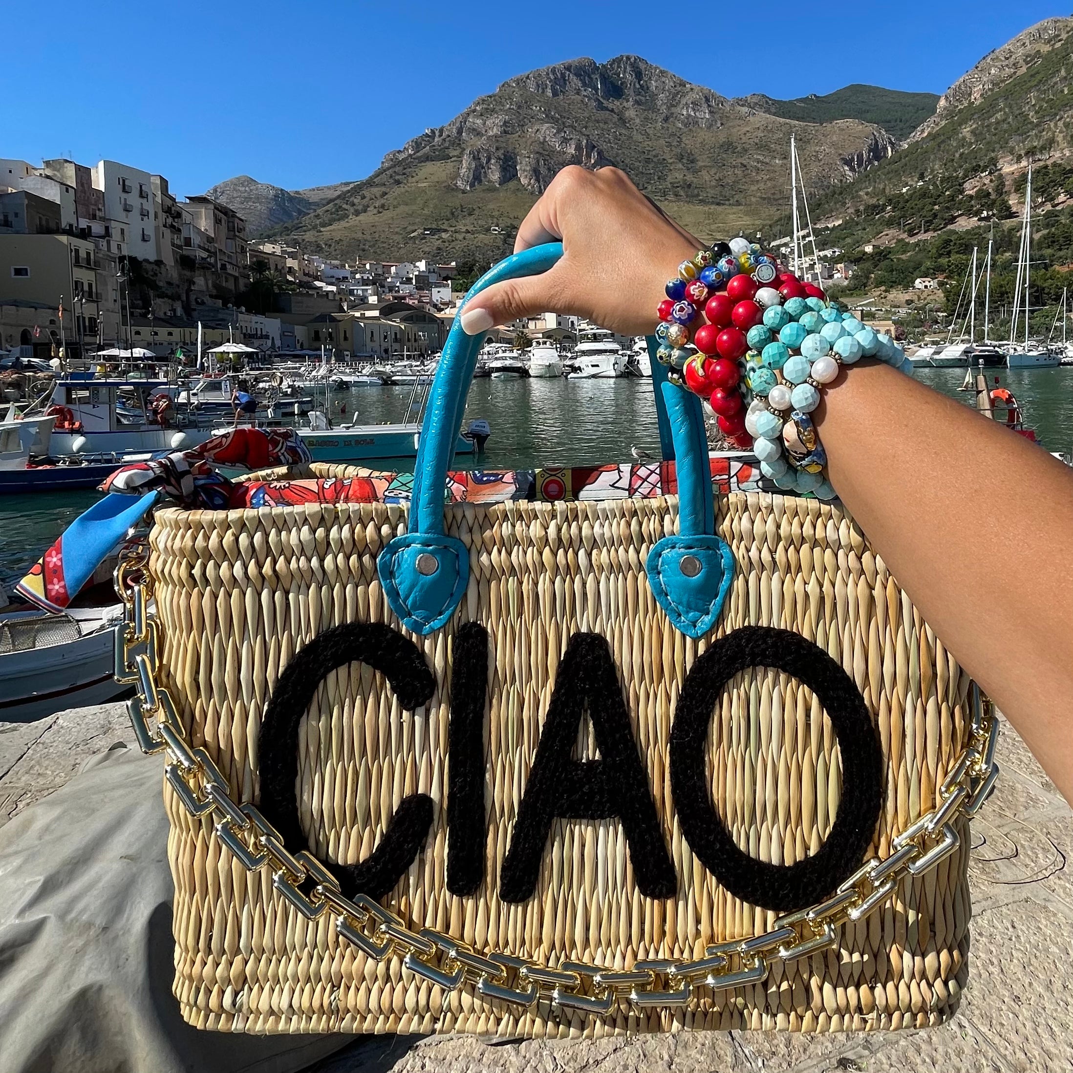 CIAO Turquoise Leather Handle Reed Bag