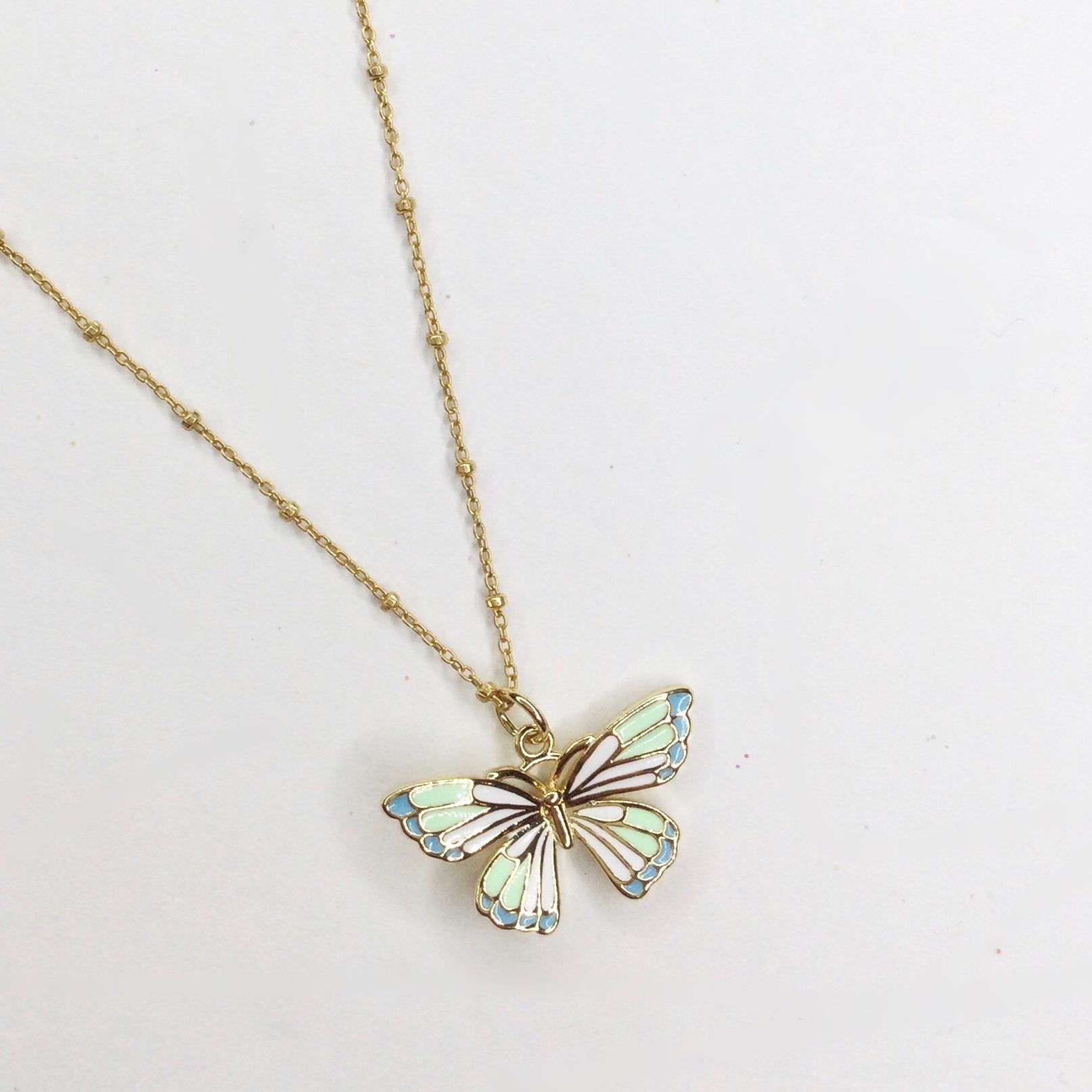 Camellia Green Enamel Butterfly Necklace